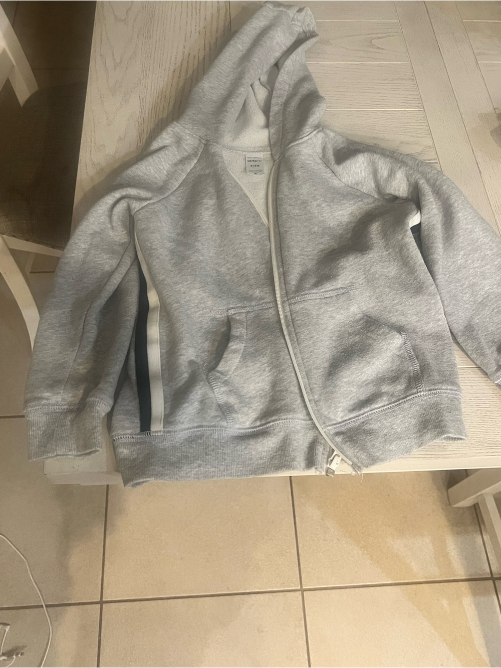Carter's Boys Light Grey Hooded Zip Sweatshirt with Side Stripes- Size 7